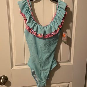 New with tags the oaks apparel swimsuit UFP 50+ aqua with pink polkadots